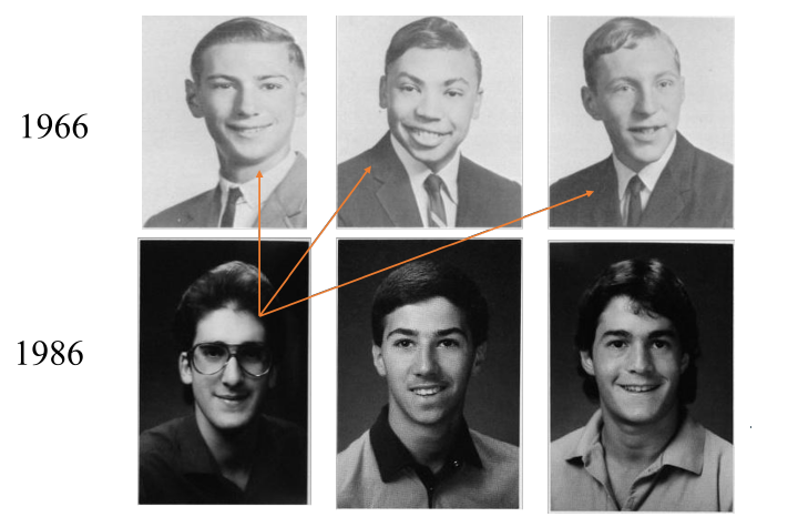 Yearbook portraits from 1966 and 1986 illustrating cultural change in style